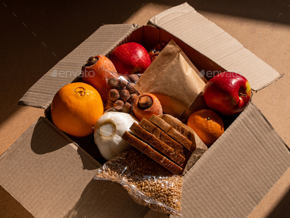 Healthy food delivery Take away natural organic products.Donation box New normal online shopping