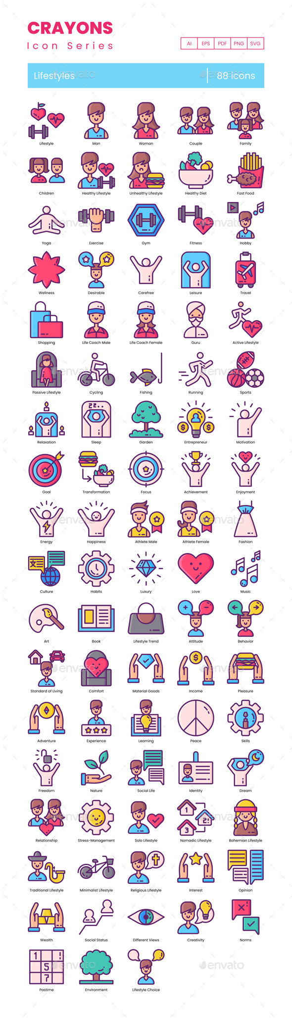 88 Lifestyles Icons | Crayons Series