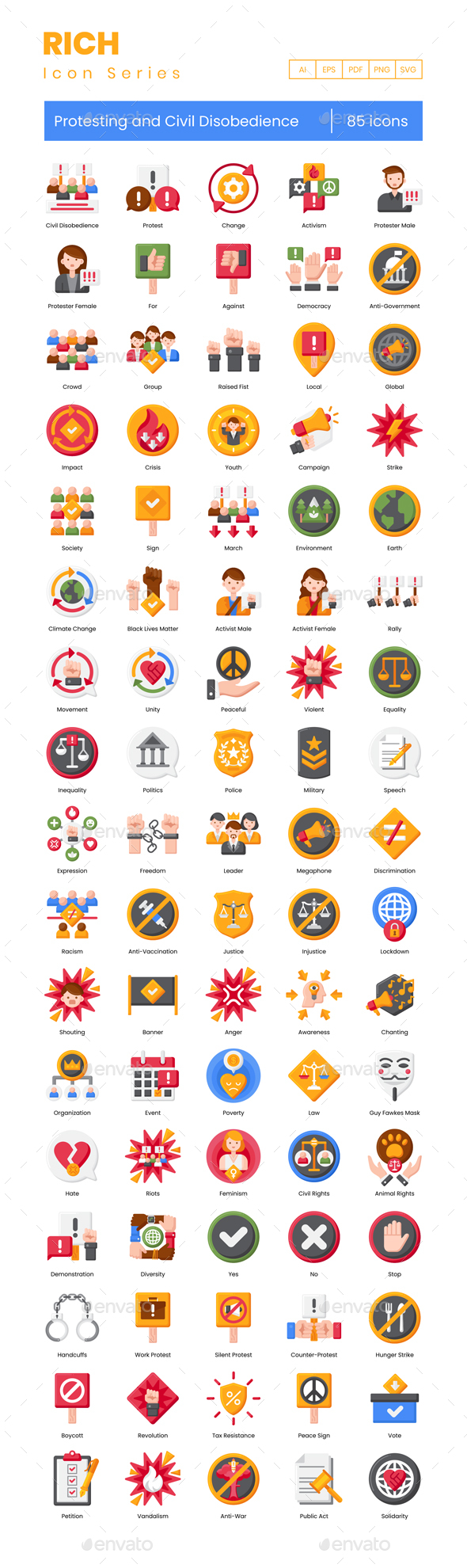85 Protesting and Civil Disobedience Icons | Rich Series