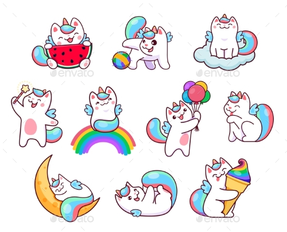 Cartoon Cute Caticorn Characters Unicorn Cats Set