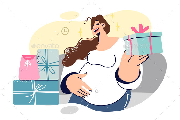 Pregnant Woman Holds Gift Box and Smiling Looks at