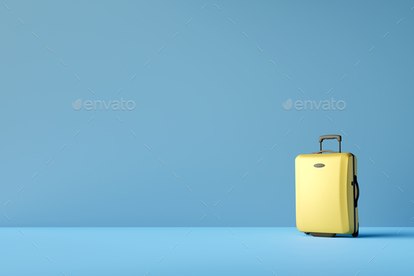 Yellow suitcase on blue background. 3D rendering - Stock Photo - Images