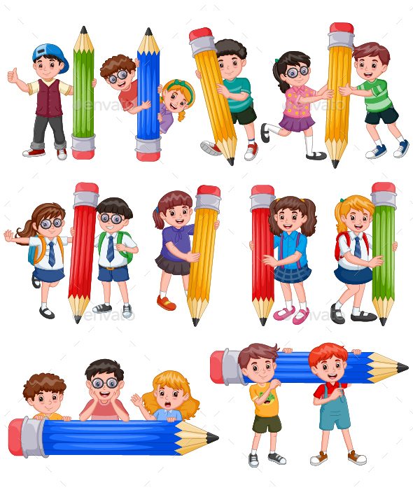 Set of cartoon kids holding pencil