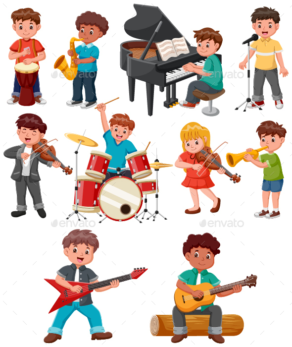 [DOWNLOAD]Set of cute kids playing music instruments