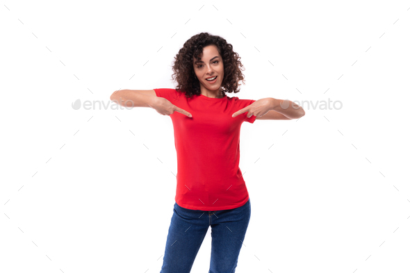 young pretty curly brunette woman dressed in red basic t-shirt with logo print mockup