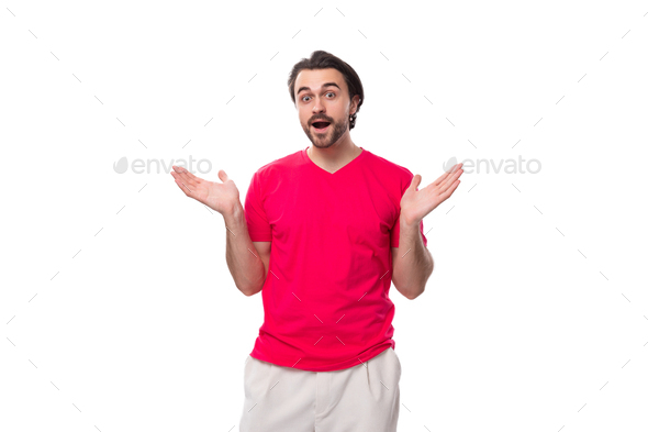 young black-haired european man dressed in red corporate t-shirt with logo print mockup