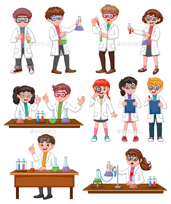 Set of Boy and Girl Cartoon in Science Gown