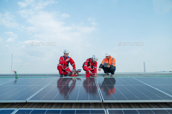 Engineers and technicians wearing full harnesses and helmets Solar panels, survey the job site