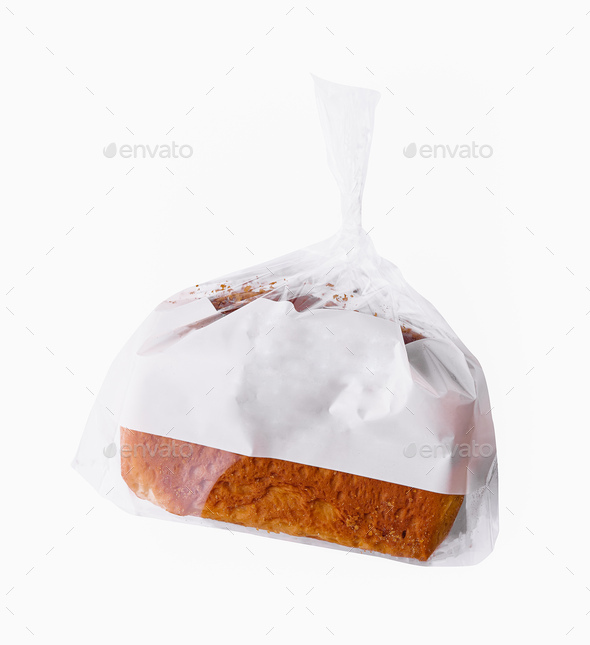 Sweet bread in plastic packaging on a white background