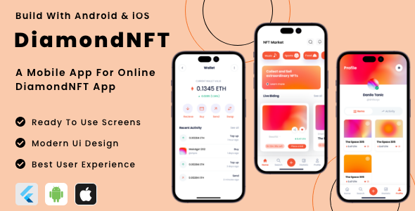 DiamondNFT App - NFT Marketplace Buying & Selling Flutter App | Android | iOS Mobile App Template