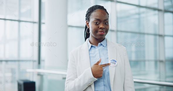 Woman, portrait and badge for vote, pointing and confidence or button, proud and choice in politics