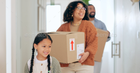 Happy family with boxes, moving and new home with property mortgage, future opportunity and securit