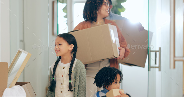 Parents, children and boxes, moving and new home with property mortgage, future opportunity and sec