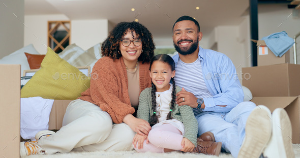Portrait of happy family with boxes on floor, new home and property mortgage, future opportunity an