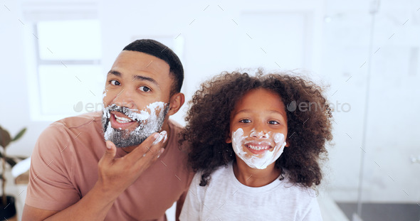 Dad son and hair removal in bathroom portrait and morning routine in mirror skincare and boy. Fa