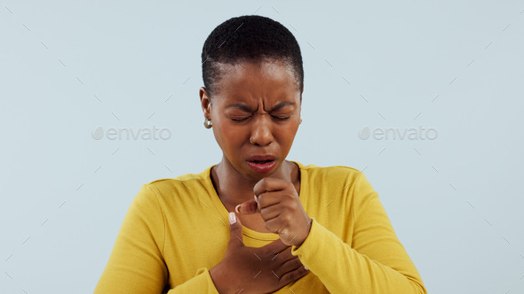 Healthcare, allergies and cough, black woman in studio with lung disease, asthma or chest pain. Tub