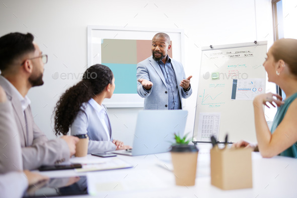 Presentation whiteboard, business people meeting and black man speech, report or teaching group, te