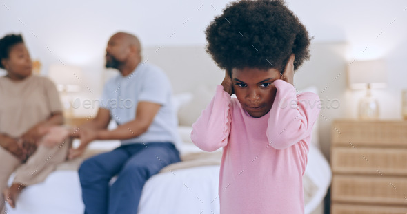 Scared kid, angry parents or divorce in fight or home bedroom with stress, black family conflict or