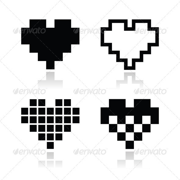 Pixel Heart Vector Icons Set - Valentines Seasons/Holidays
