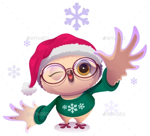 Owl in Santa Hat and Green Christmas Sweater