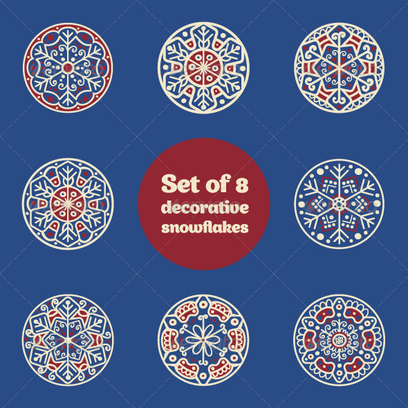 Set of 8 Decorative Hand-drawn Snowflakes - Decorative Symbols Decorative