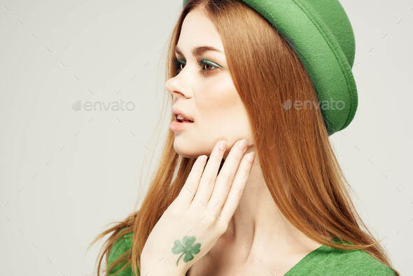 holiday Saint Patrick\'s Day shamrock girl fun Green clothing light background