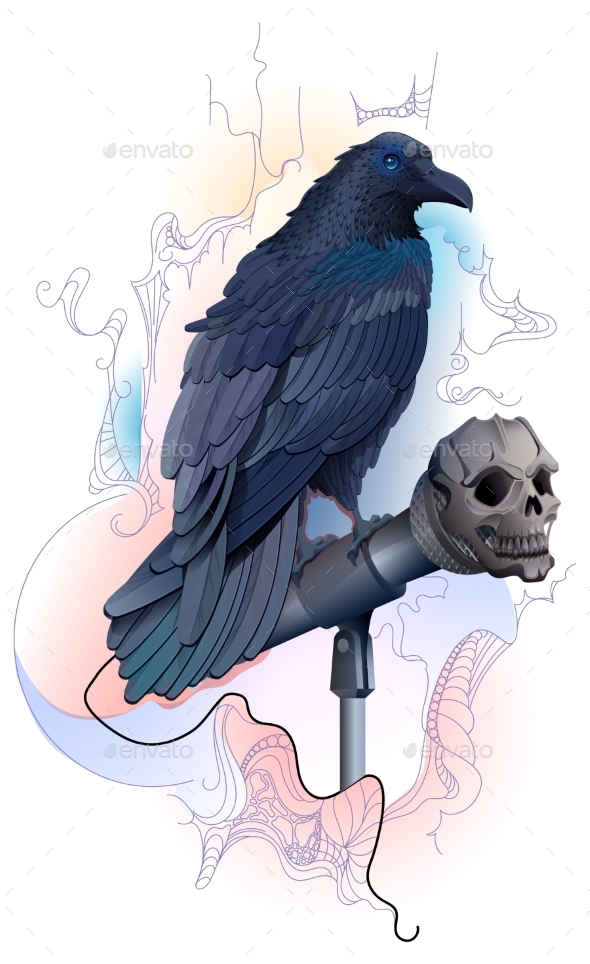 Black Bird Raven Sit on Microphone Shape Skull