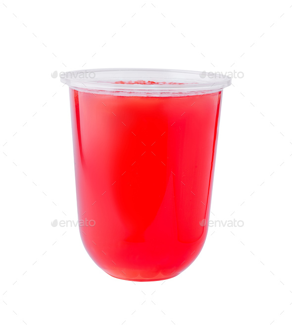 Strawberry smoothie in plastic cup isolated