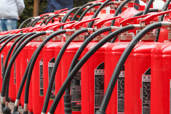 Fire extinguishers - group of powder extinguishers - workplace safety