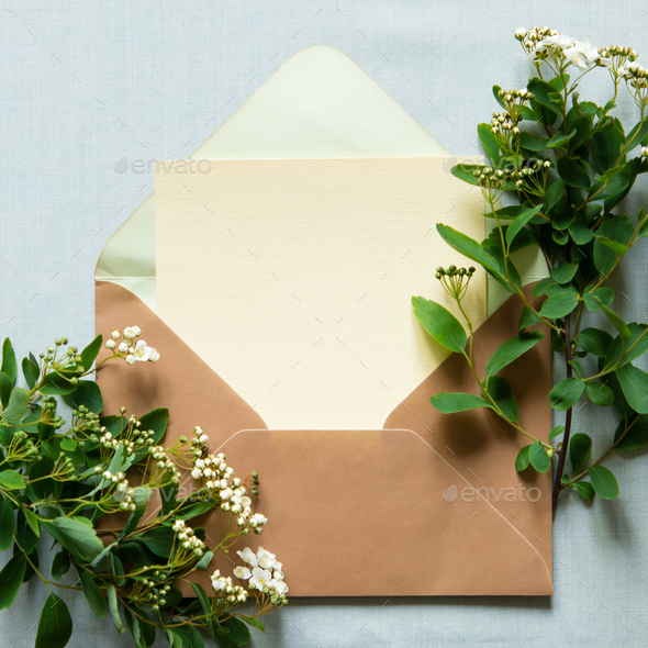 Light empty sheet of paper mockup in an envelope. Green branches with white inflorescences  - Stock Photo - Images