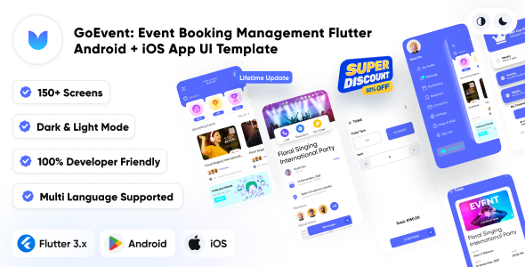 GoEvent: Event Booking Management | Party Tickets | Concert | Flutter Android + iOS App UI Template