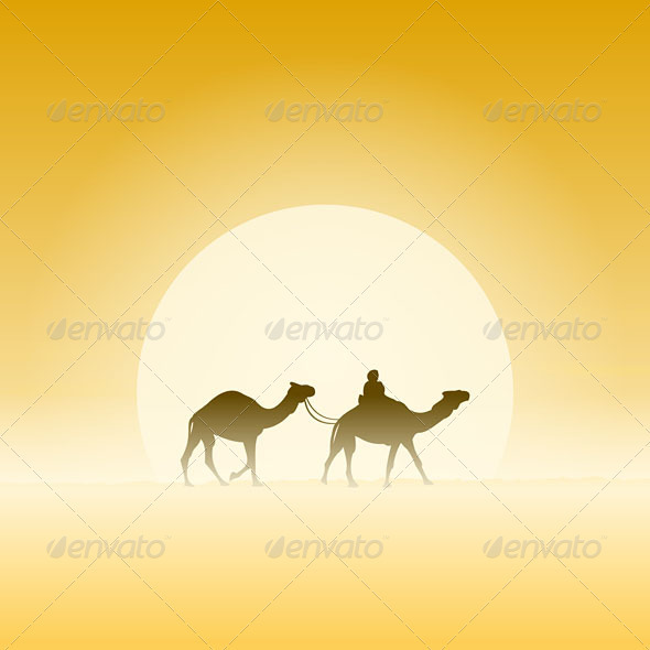 Two Camels and Sun - Travel Conceptual