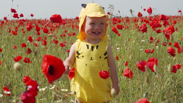 Happy Baby Boy in Yellow Outfit Having Fun in Poppy Field on a Sunny Summer Day Smiling Child alt
