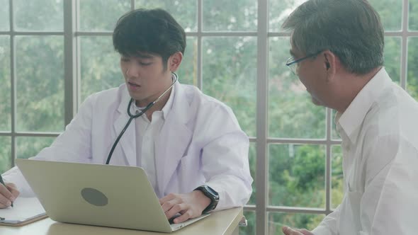 Doctor talking and asking to patient about illness and exam for assistance and consulting at clinic.