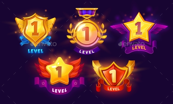 Game Level Up Badges Award Icons Reward Points