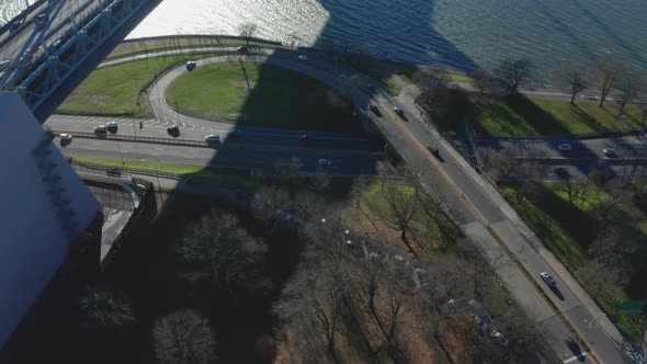 Aerial Drone Shot Tilting Up to See Verrazano Bridge and Staten Island, New York