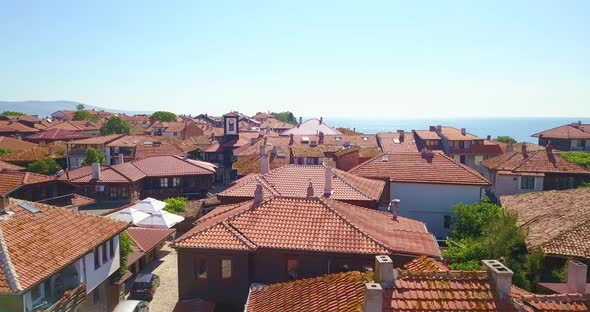 Aerial Drone View of Nesebar Old Town with Lot of Seagulls Bulgaria
