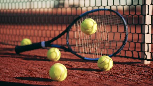 Tennis Ball is Bouncing Off of the Court with a Racket Next to It alt
