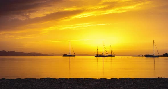 Beautiful Sunrise on the Aegean Sea. Boats in Ancient Bay of Datca Peninsula