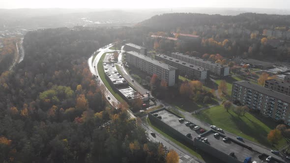 Autumn Foliage at Gothenburg Residential Suburban Area Sweden Aerial Backward