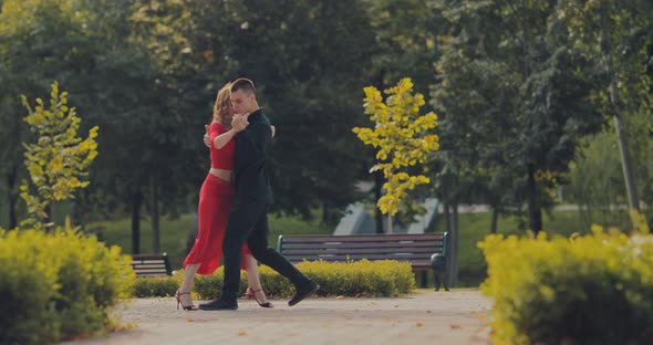 Synchronized Steps of Dancers Passionate Tango in the Park