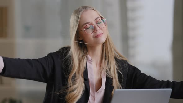 Caucasian Girl Worker User Secretary Business Woman in Glasses Sits with Closed Eyes at Table with alt
