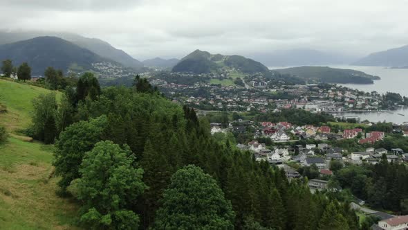 Christian Michelsens children home in Os, Bjørnafjorden, Norway, flyby towards Osøyro town center