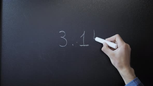 Hand writing number Pi with chalk on chalkboard. Education concept. 3.14 alt