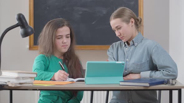 Joyful Caucasian Woman and Little Person Gesturing Highfive Sitting at Desk Talking in Classroom alt