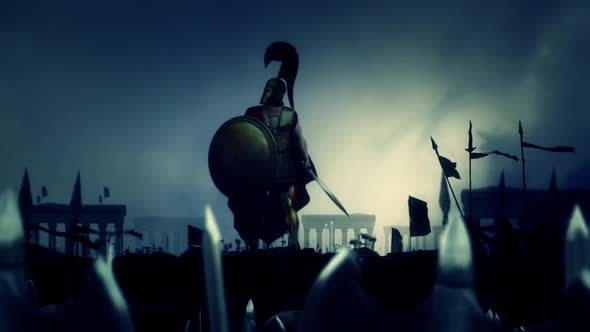 Victorious Greek Hero With A Shield And A Sword Surrounded By Massive Army alt