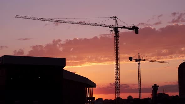 Silhouettes of construction tower cranes with buildings