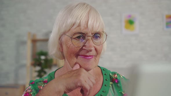 Elderly Woman Uses a Laptop While Sitting in the Living Room Close Up alt