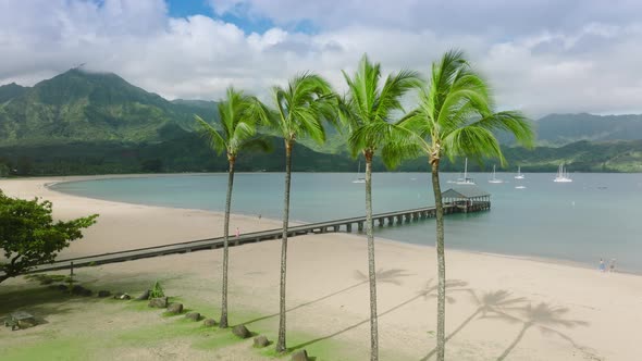 Aerial View Alone Woman Walking By Hanalei Beach Pier with Kauai Landscape View alt
