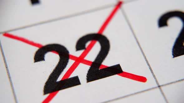 The 22St Number in the Calendar is Crossed Out with a Red Cross in a Macro on a White Sheet alt